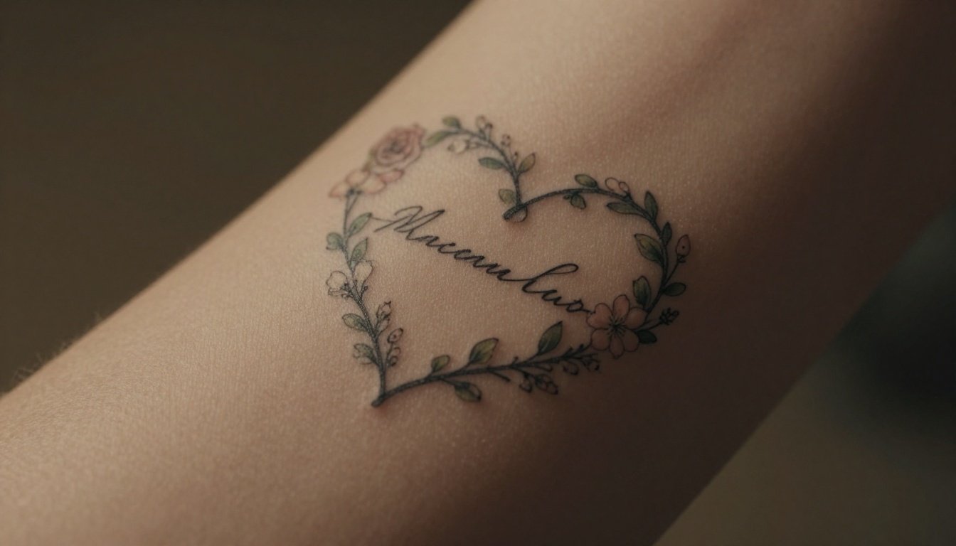 Forearm with a heart tattoo made of vines, flowers, and a scripted name.
