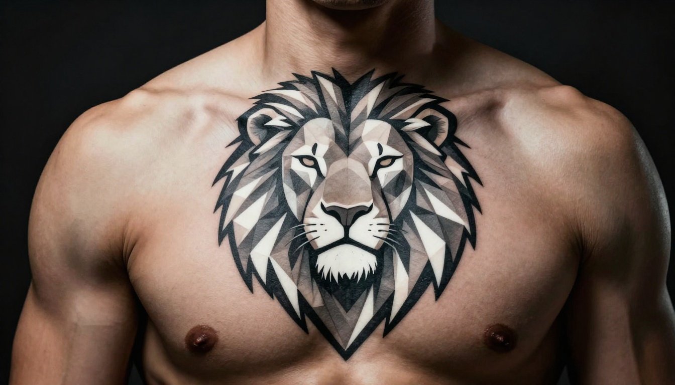 A geometric white lion tattoo covers a muscular forearm against a dark background.