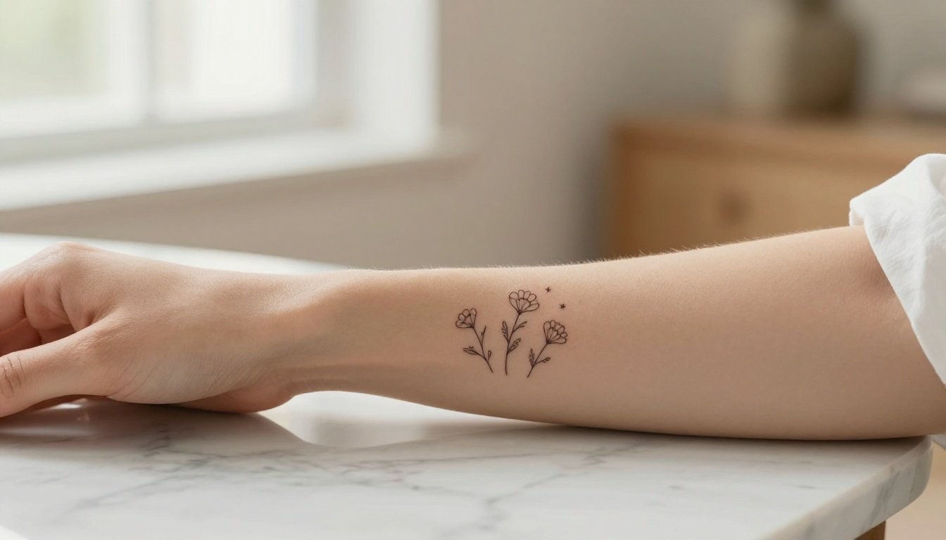 A forearm showing two delicate wildflowers and tiny stars in a minimalist tattoo.