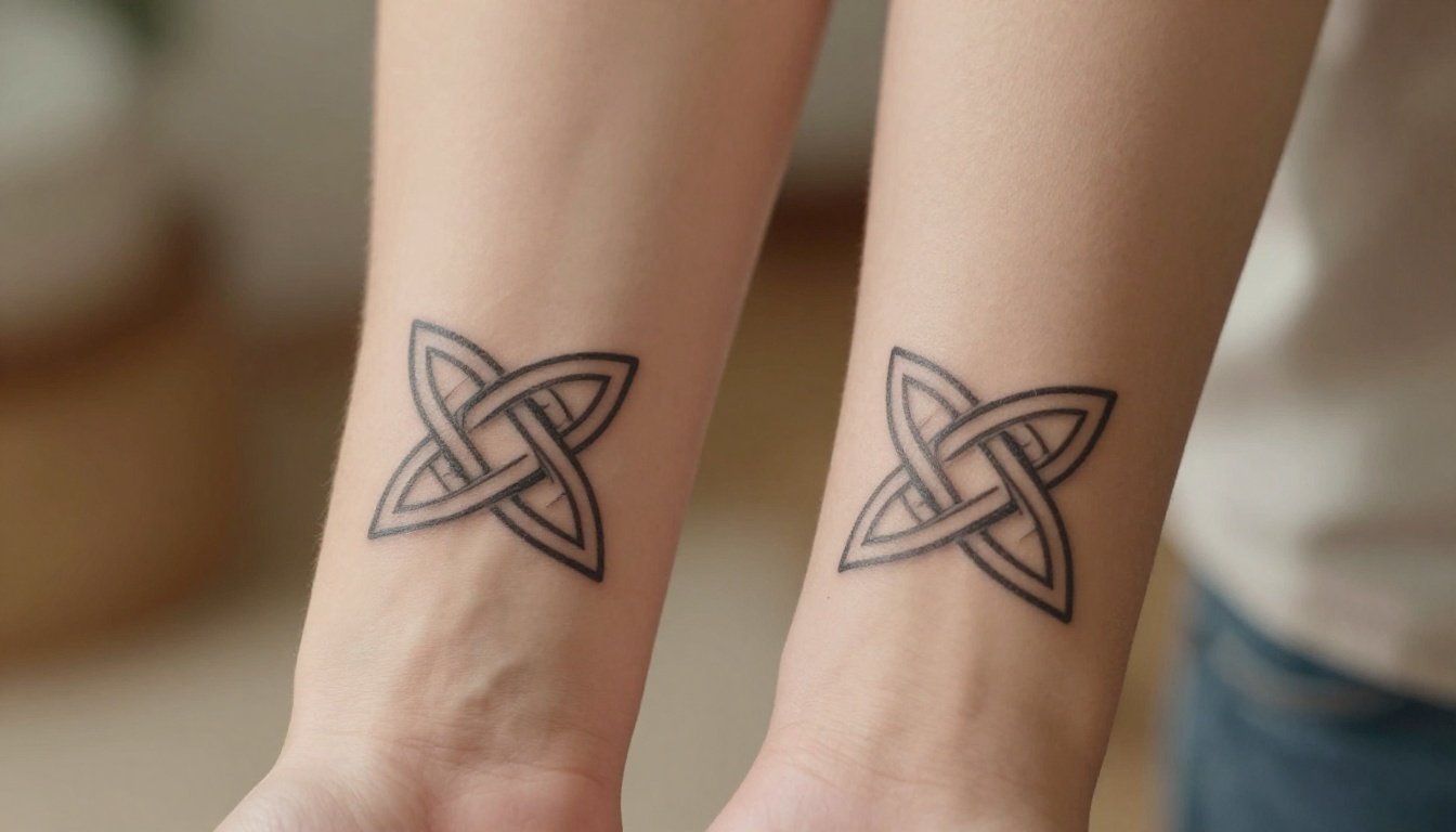 Two forearms with matching Celtic knot tattoos touch at the wrists.