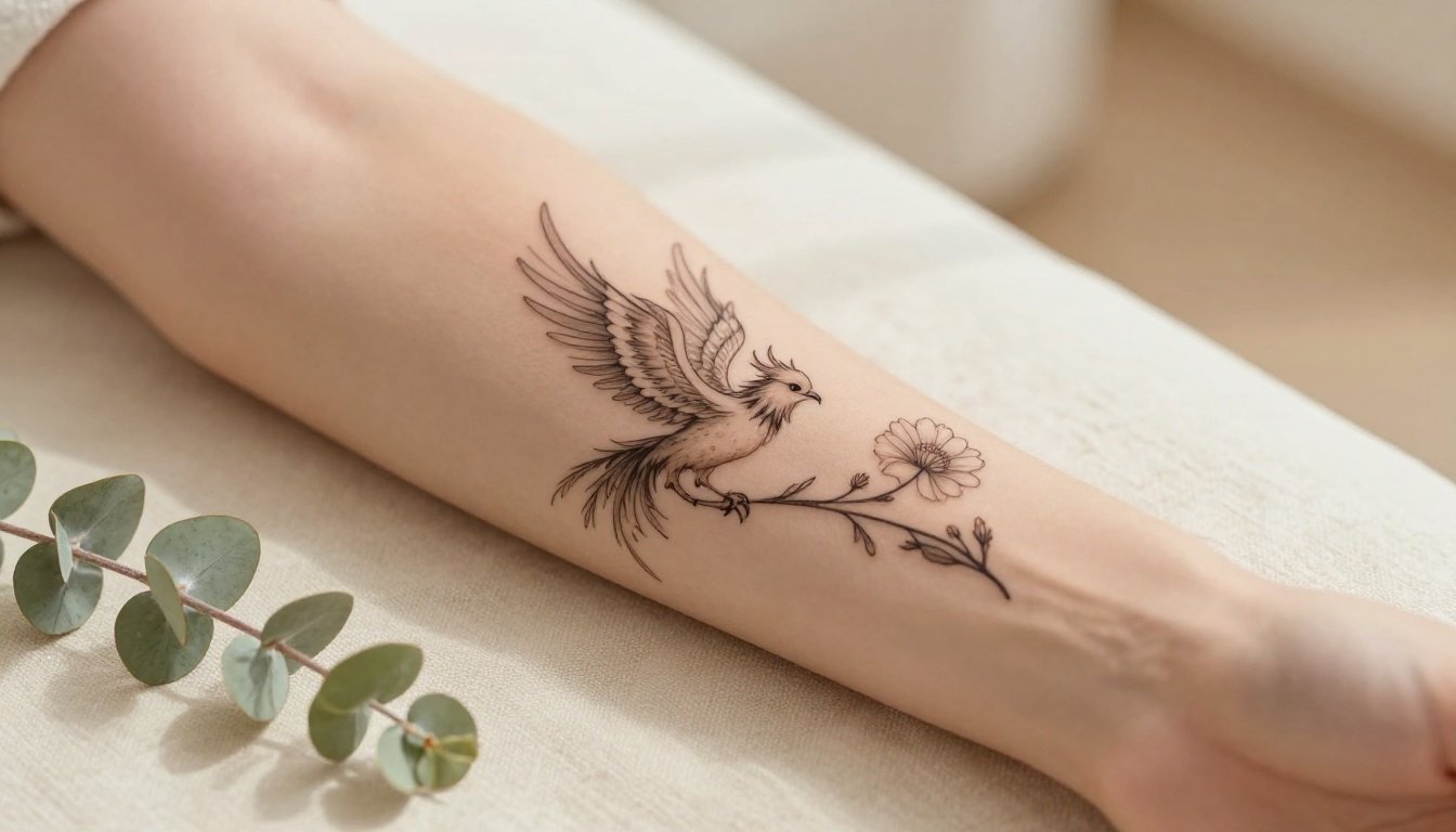 A forearm with a phoenix and wildflower tattoo beside eucalyptus on cream linen.