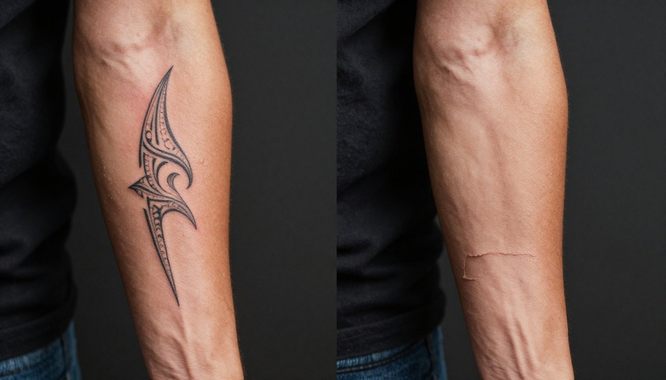 Forearm tattoo shown fresh on one side and healed after four weeks on the other.