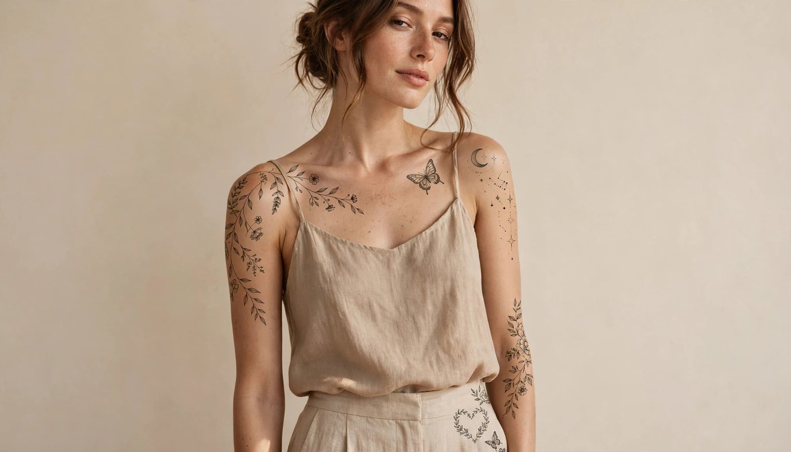 Woman showing delicate botanical, butterfly, and celestial tattoos on her upper body.