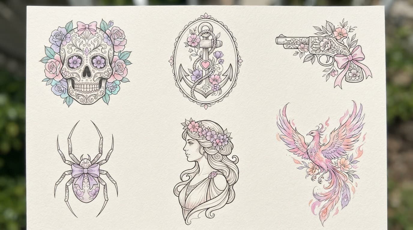 Six feminine tattoo designs with bows, flowers, and pastel accents.