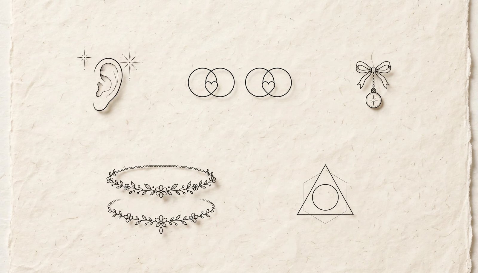Five delicate black line tattoo ideas arranged on cream paper.
