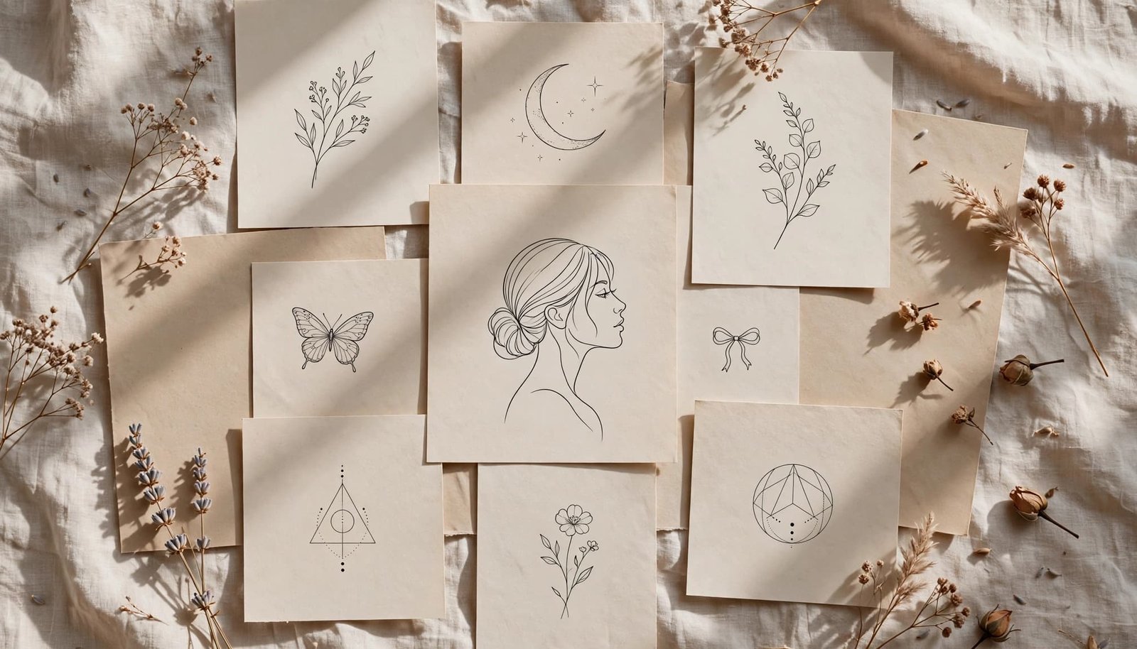 Delicate tattoo designs with botanicals, a moon, butterfly, profile, bow, and geometric details.