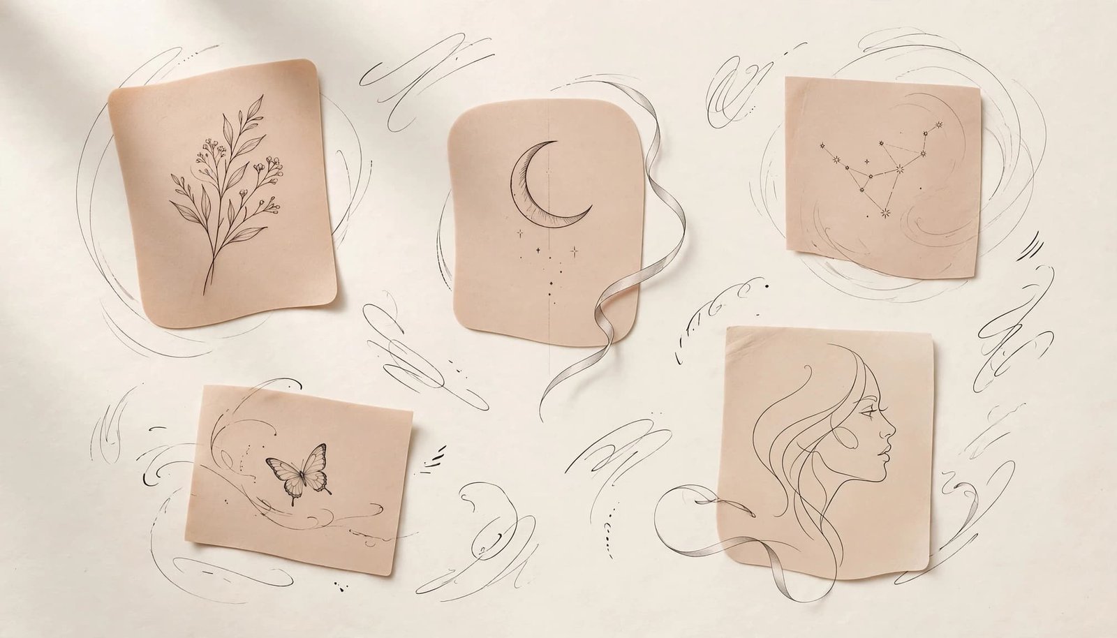 Fine line tattoo motifs arranged on ivory paper and skin-toned mockups.