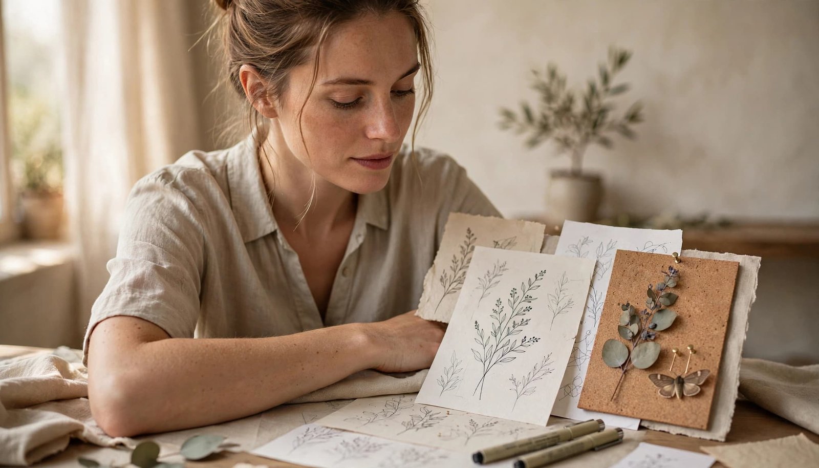 A forearm rests beside botanical tattoo sketches and a small mood board.