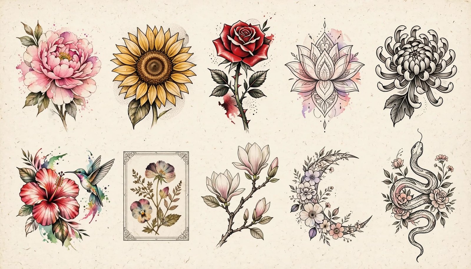 Ten feminine flower tattoo designs arranged on warm ivory paper.