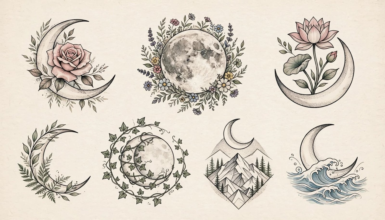 Seven fine-line moon tattoos feature flowers, leaves, mountains, forests, and waves.