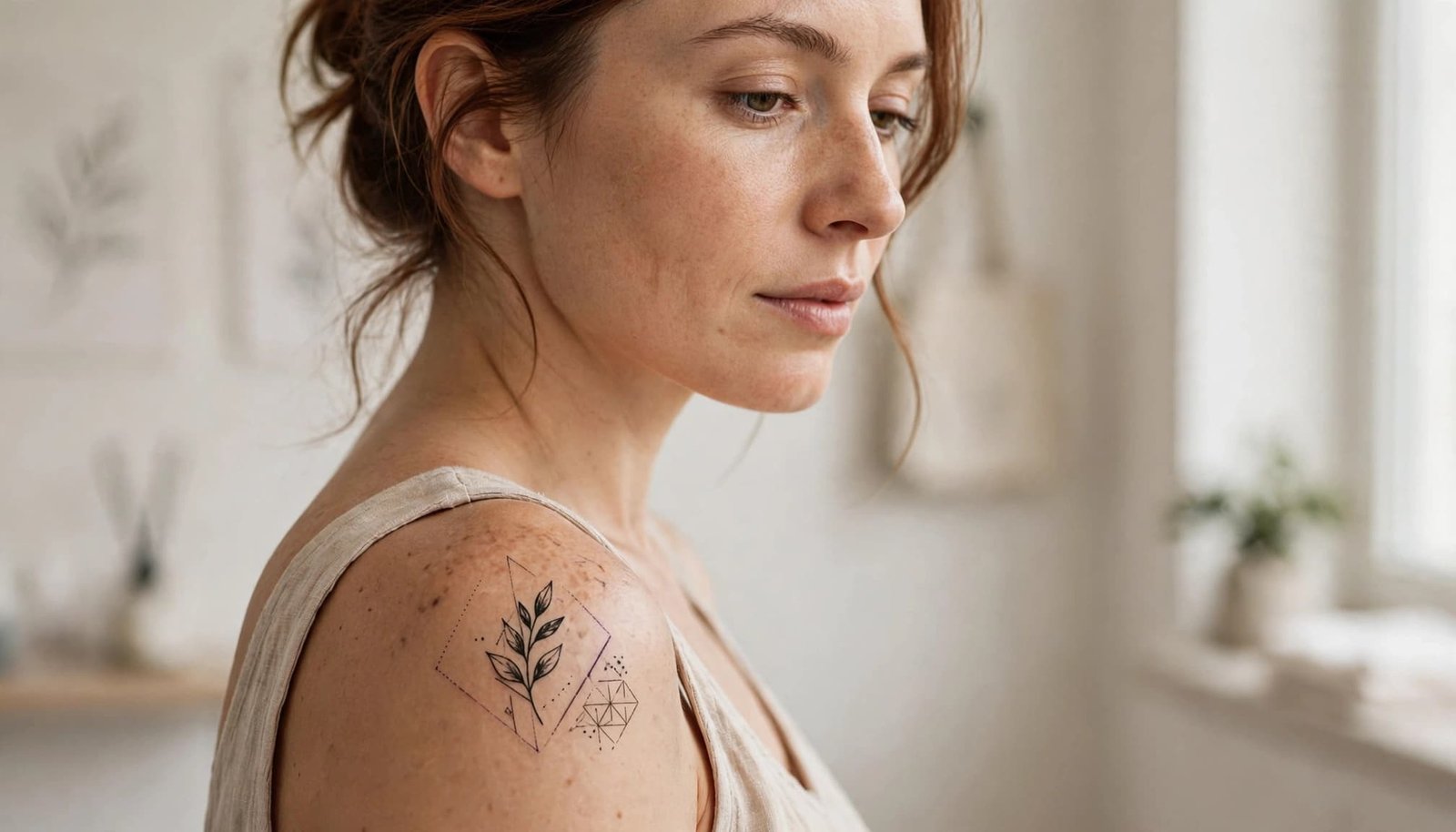 Woman showing a botanical geometric shoulder tattoo stencil in a bright studio.