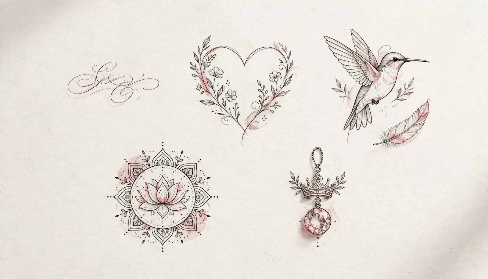 Five delicate feminine tattoo sketches arranged on an ivory surface.