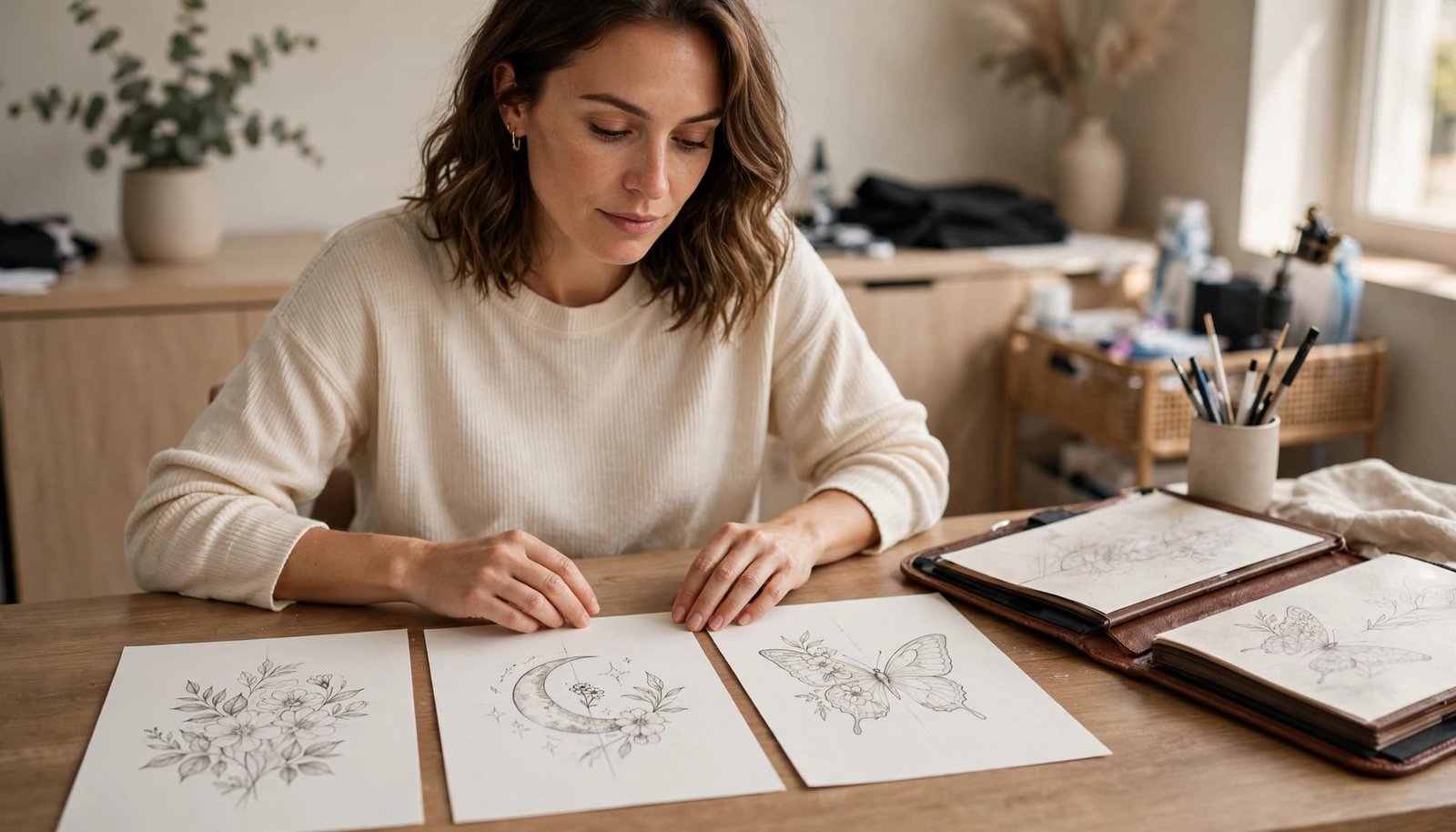 Woman comparing floral, moon, and butterfly tattoo sketches at a studio table.