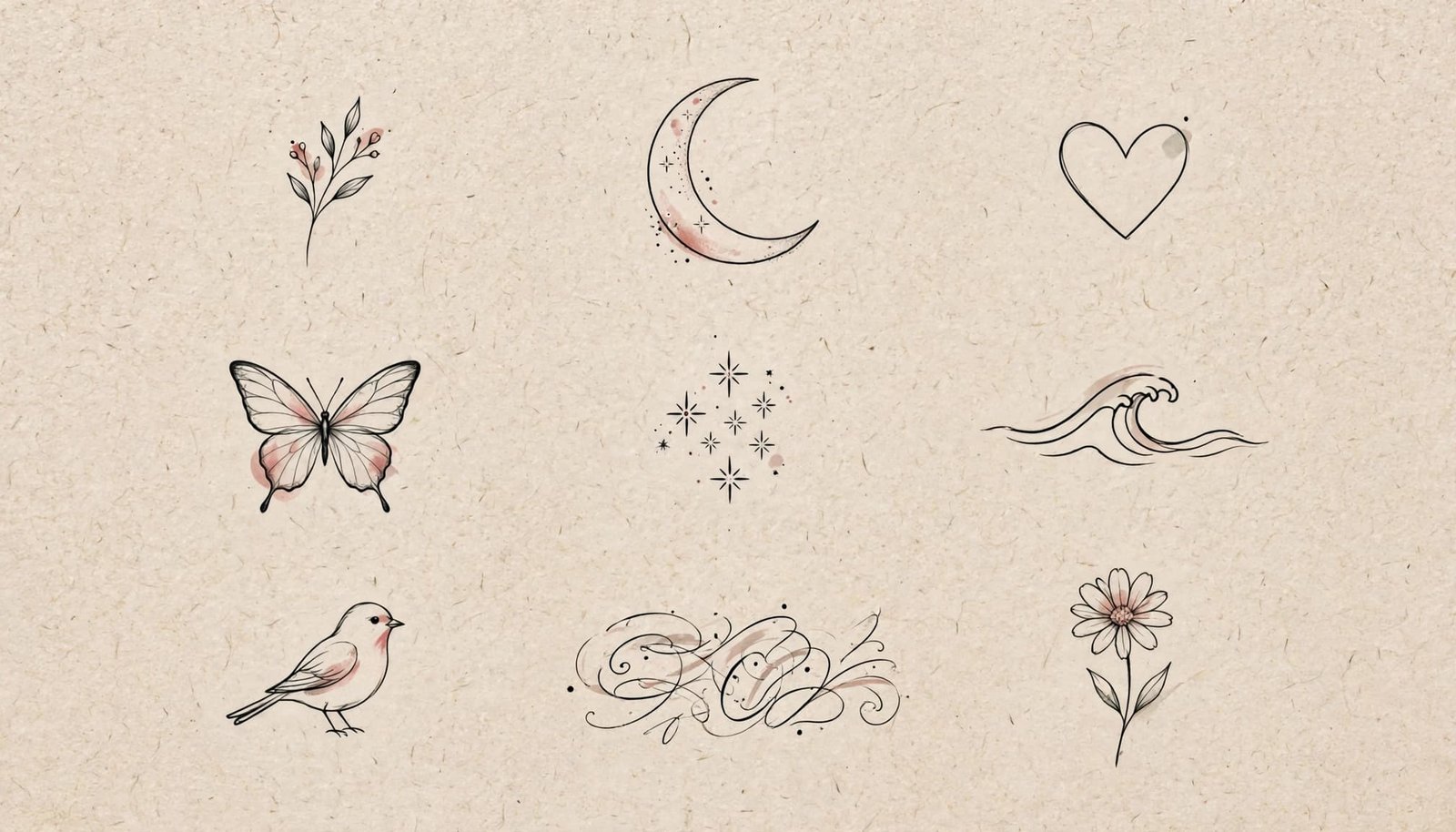 Nine delicate tattoo ideas arranged on warm paper, including flowers, stars, a moon, bird, and butterfly.