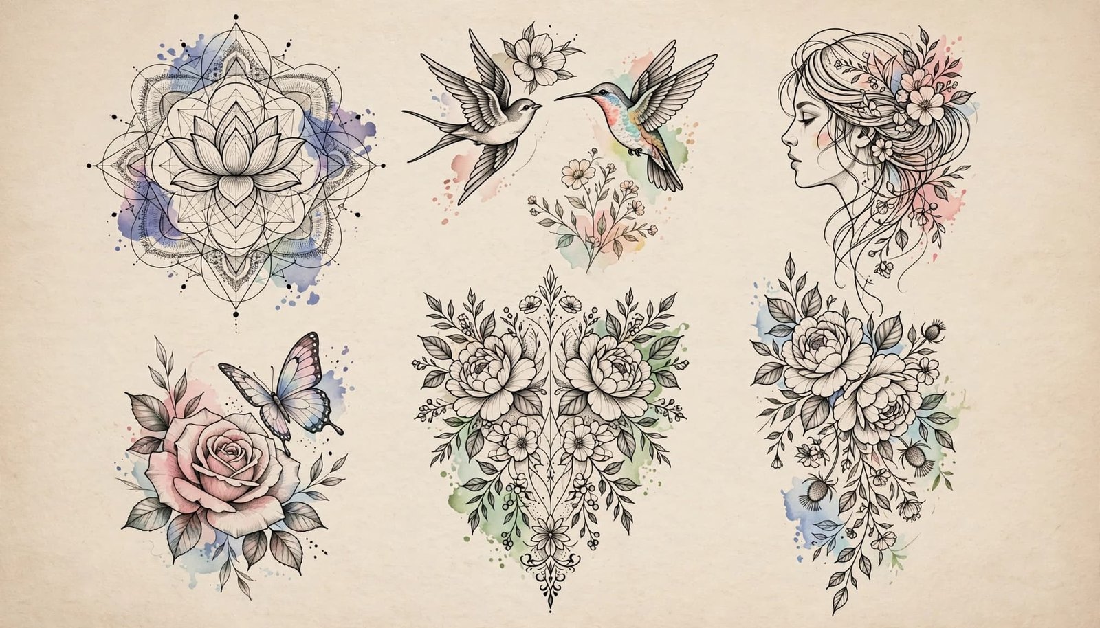 Tattoo flash sheet showing feminine floral, bird, portrait, and placement designs.