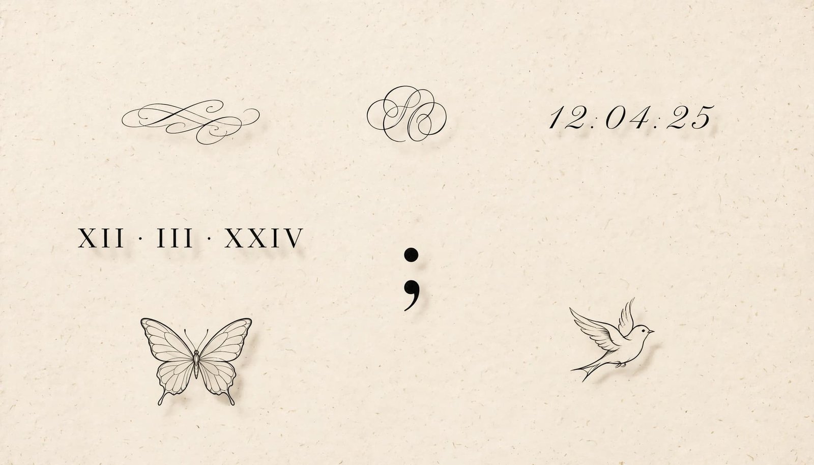 Seven delicate black tattoo designs arranged on warm ivory paper.