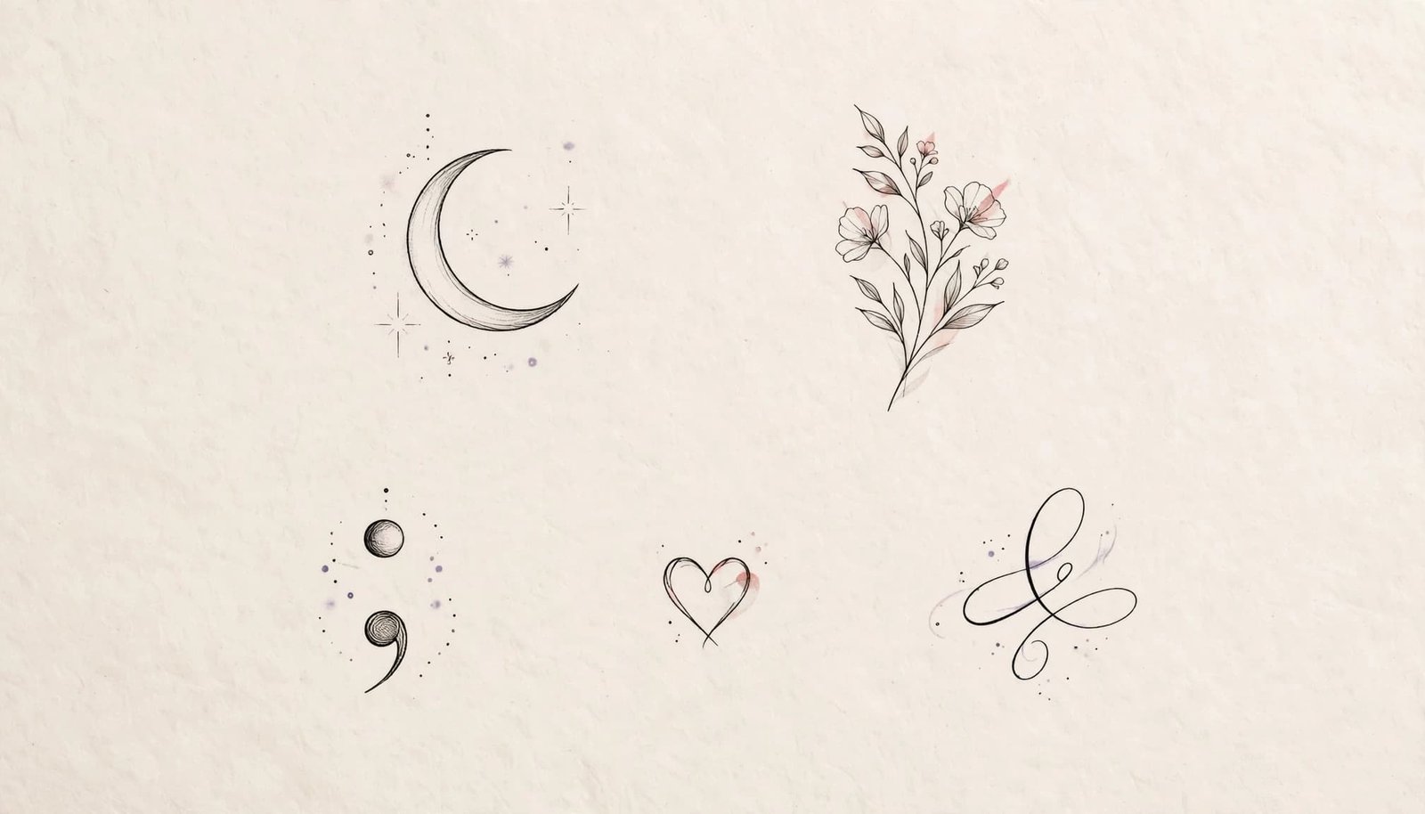 Five fine-line tattoo motifs show a moon, flowers, a semicolon, a heart, and an abstract private symbol.