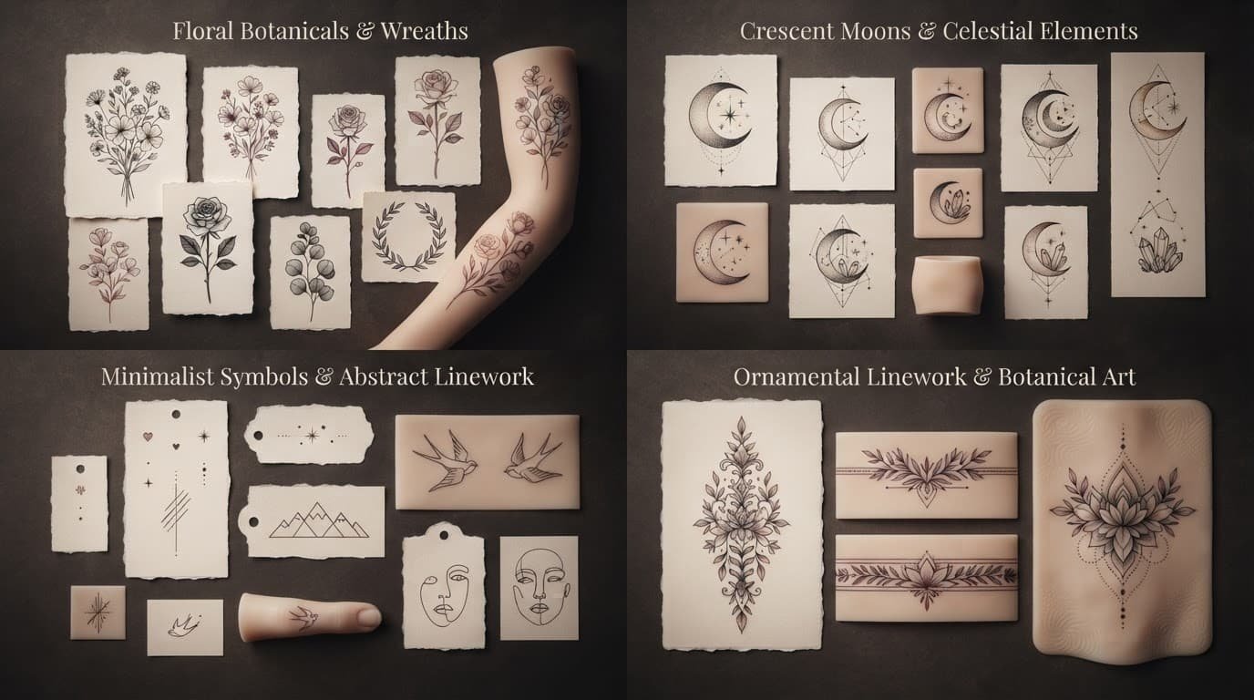 Four delicate feminine tattoo designs arranged on neutral paper and skin-toned forms.