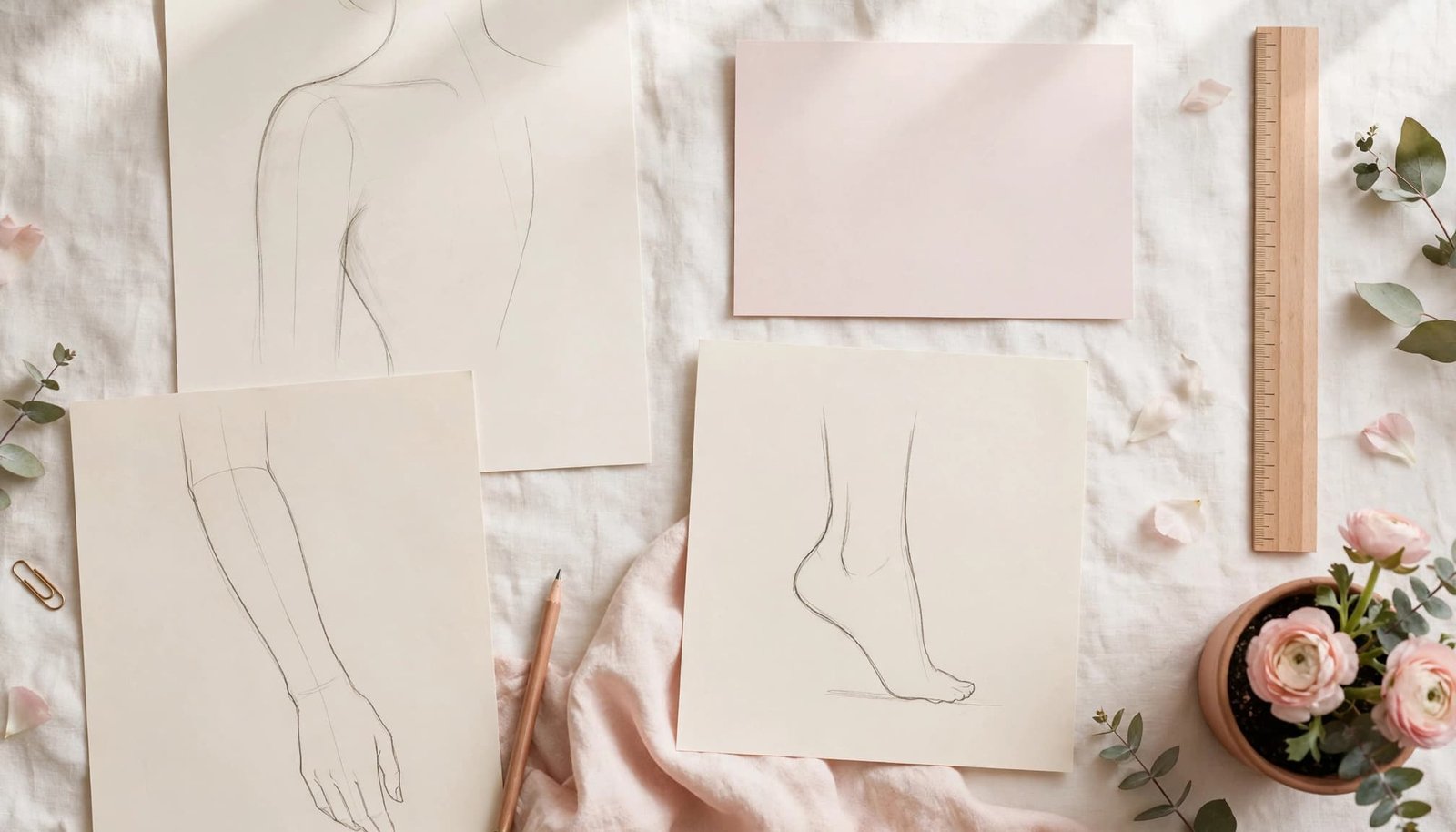 Tattoo placement sketches, an appointment card, ruler, and flower on a pastel studio table.