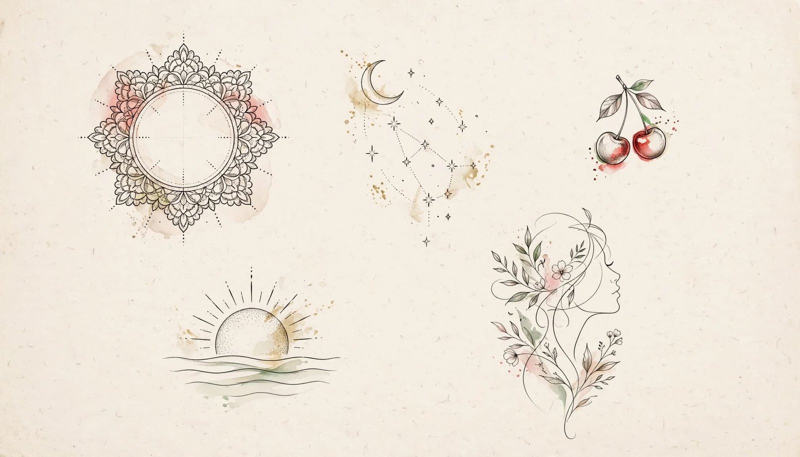 Five delicate tattoo designs arranged on ivory paper with soft watercolor accents.
