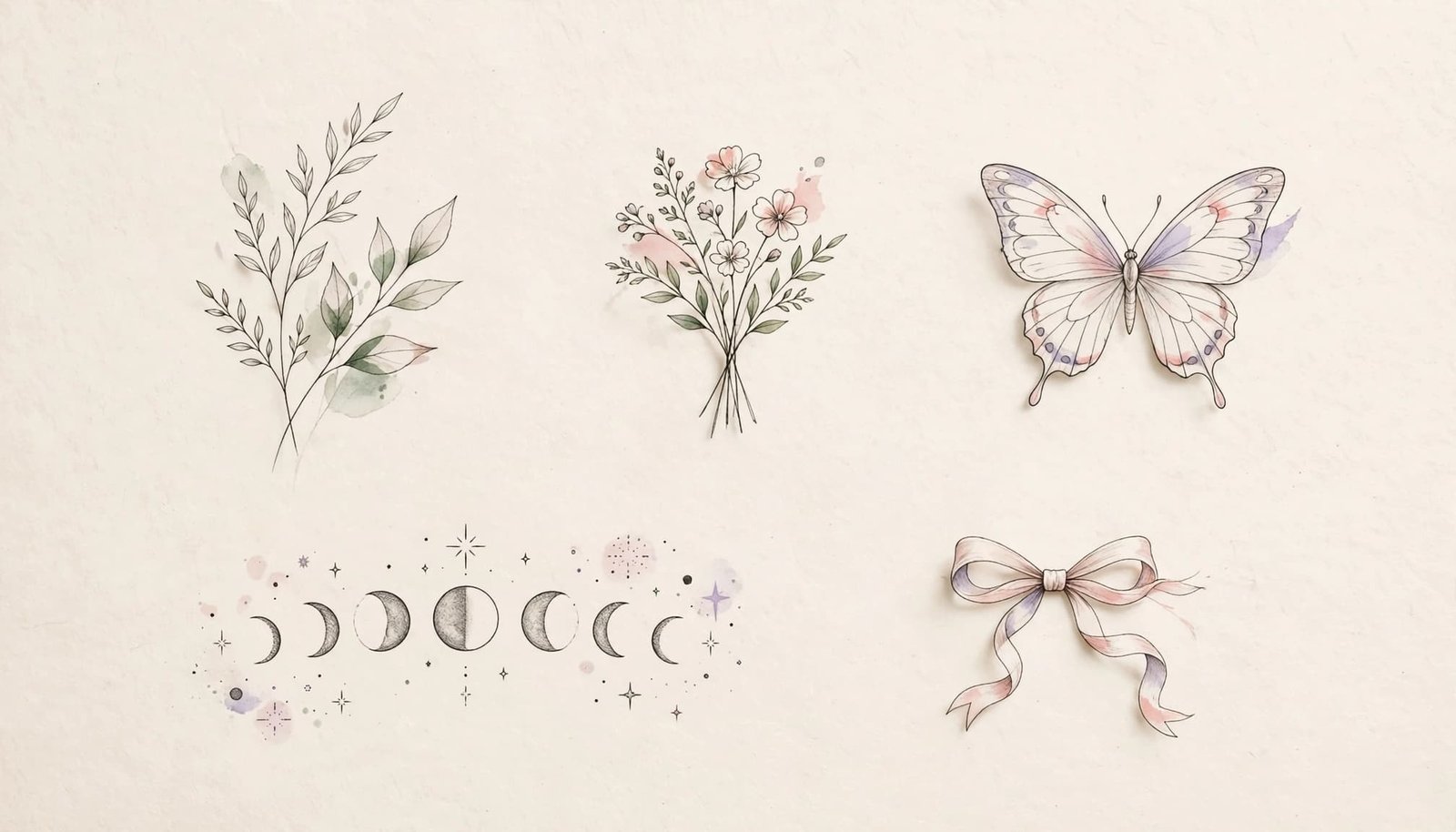 Five delicate feminine tattoo sketches arranged on ivory paper with soft pastel accents.