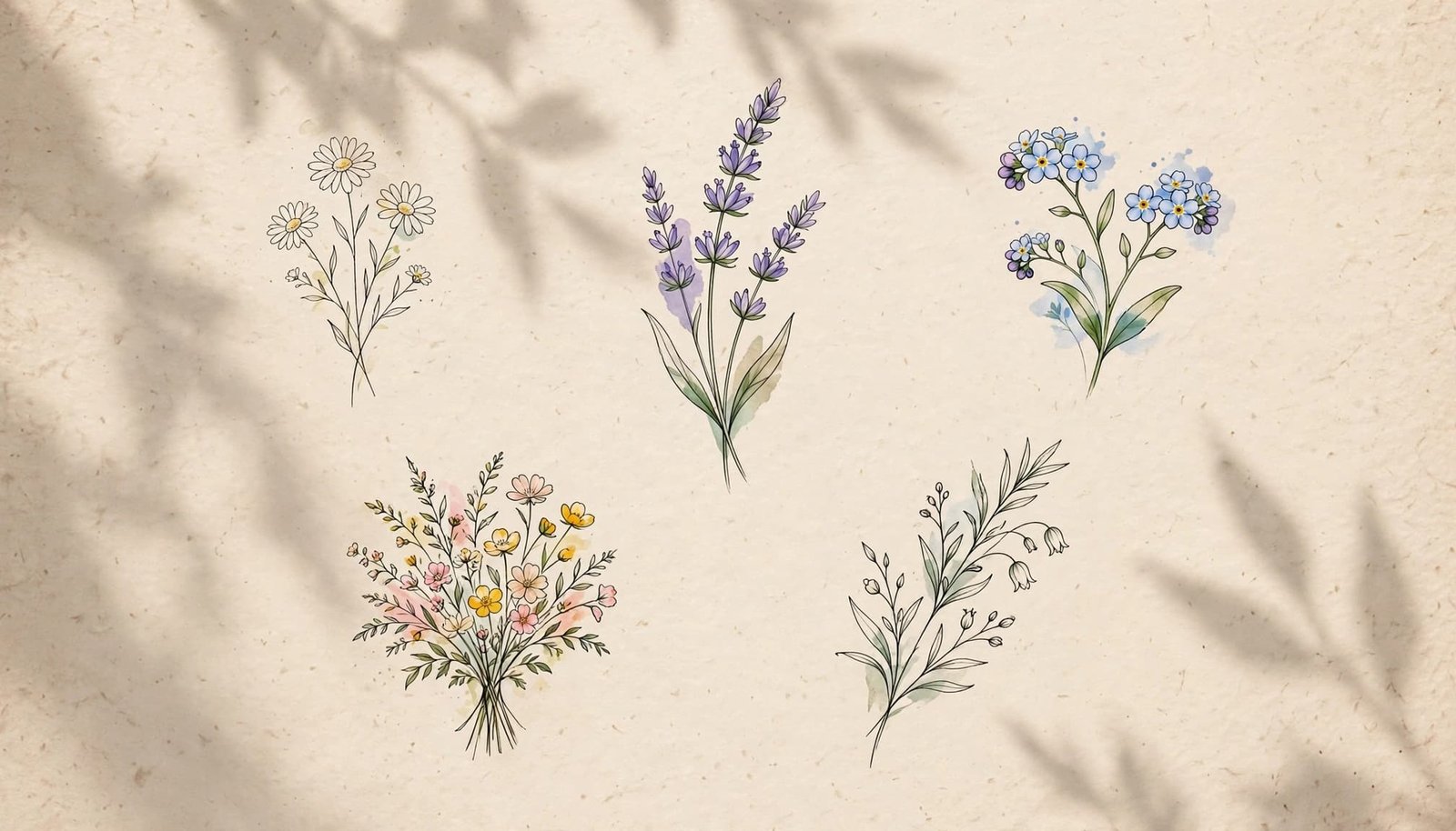 Wildflower tattoo designs arranged on warm paper with delicate watercolor accents.