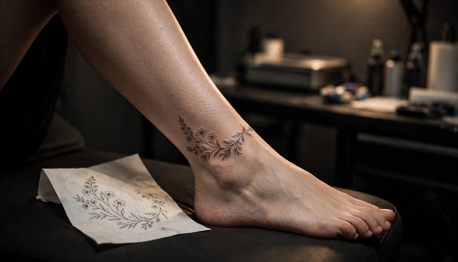 Woman's ankle with a delicate floral tattoo beside a paper design reference.