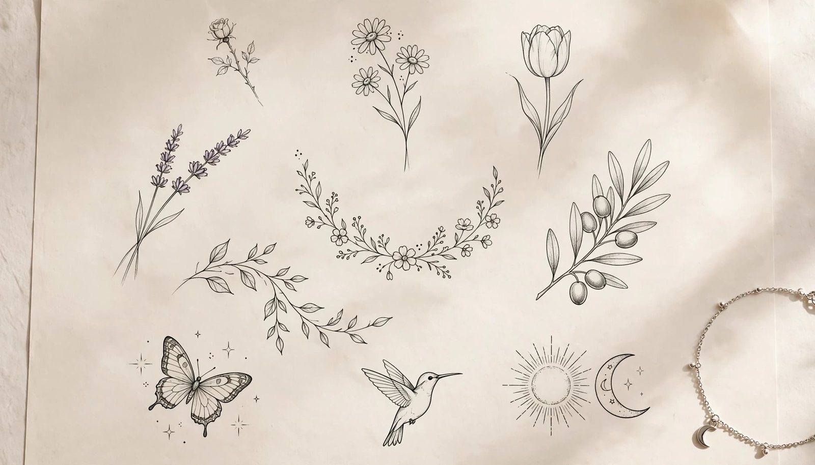 Fine-line flower and nature tattoo sketches arranged beside a silver anklet.