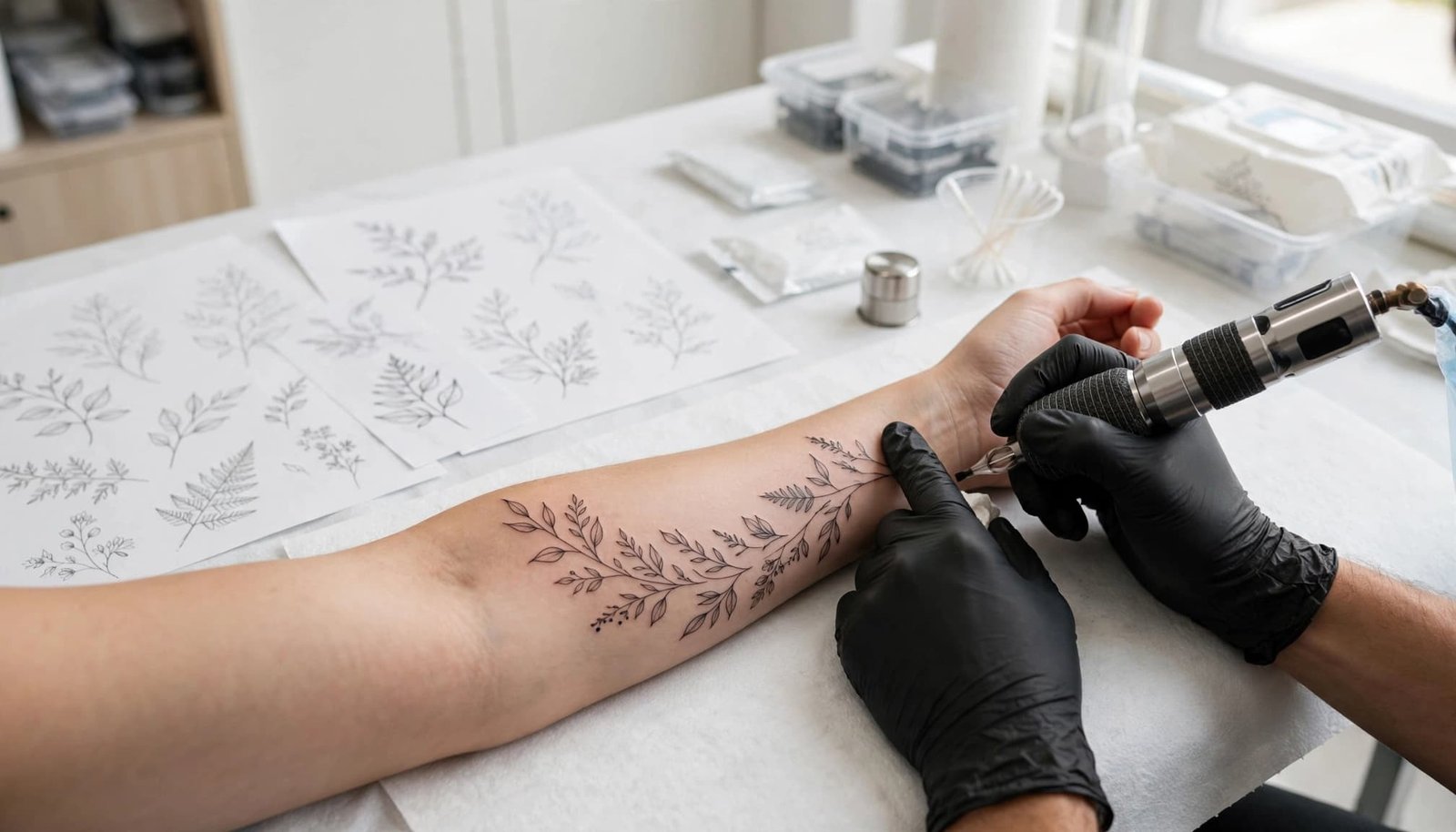 Artist's hands work beside a delicate botanical tattoo on a client's forearm.