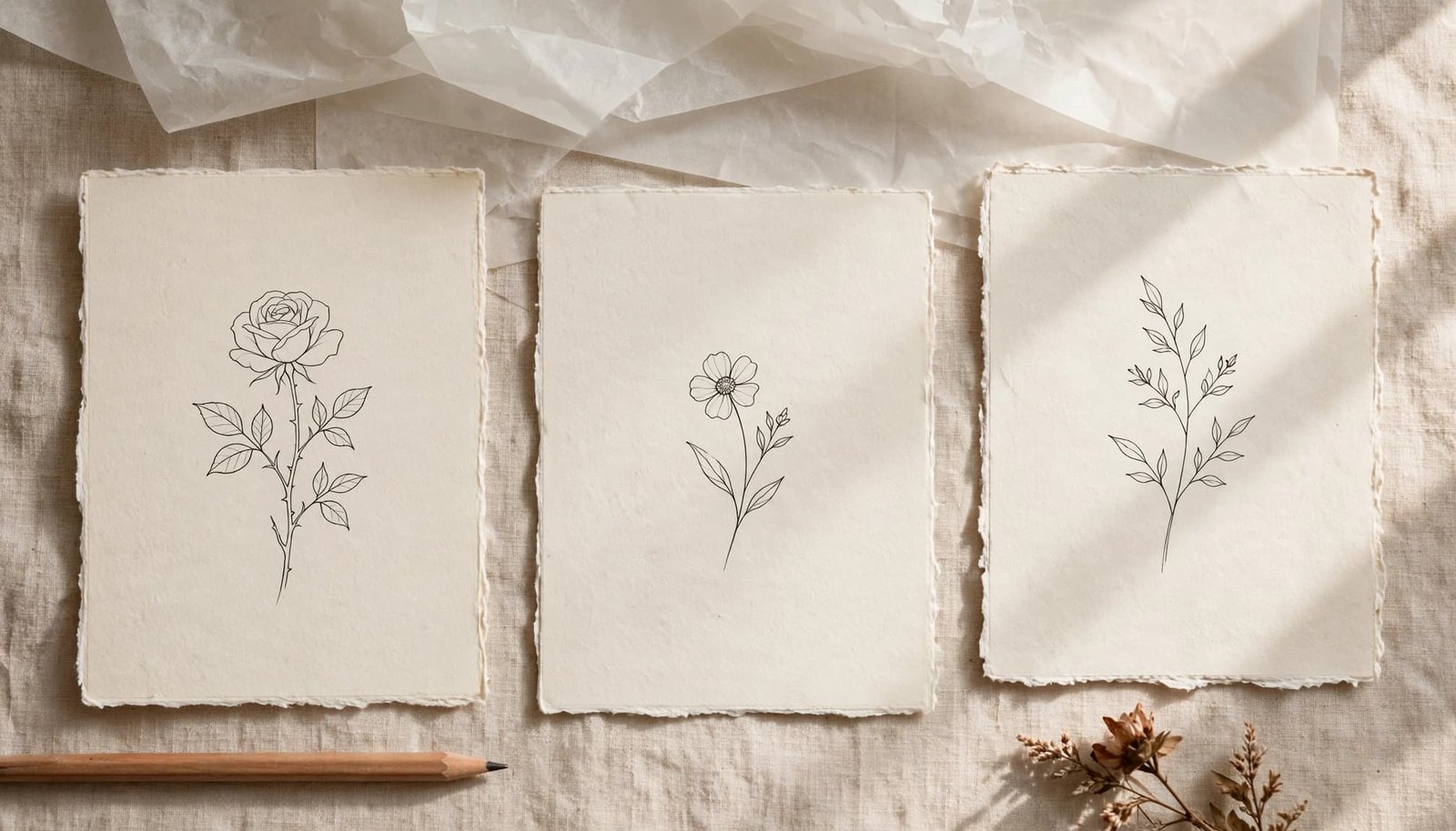 Three floral tattoo sketches on separate cream cards beside art supplies.