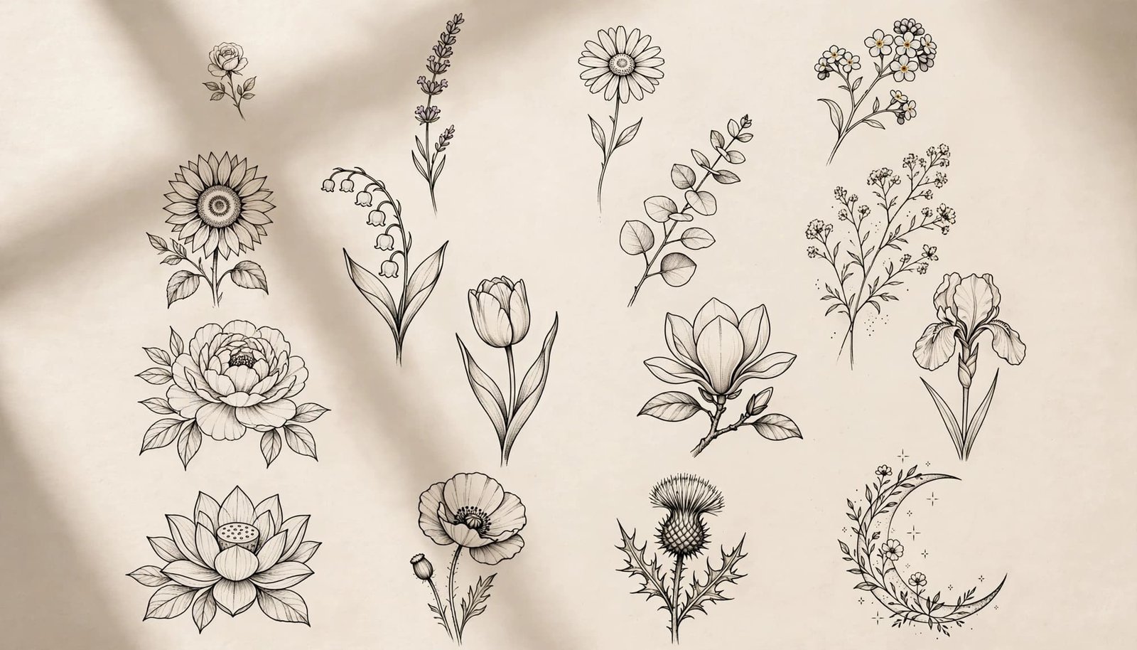 Delicate floral tattoo sketches arranged on warm ivory paper in soft natural light.