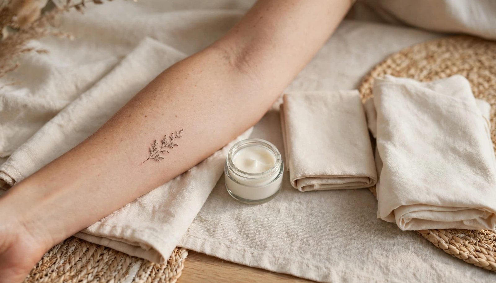 Healed fine-line tattoo beside moisturizer and folded cotton clothing.