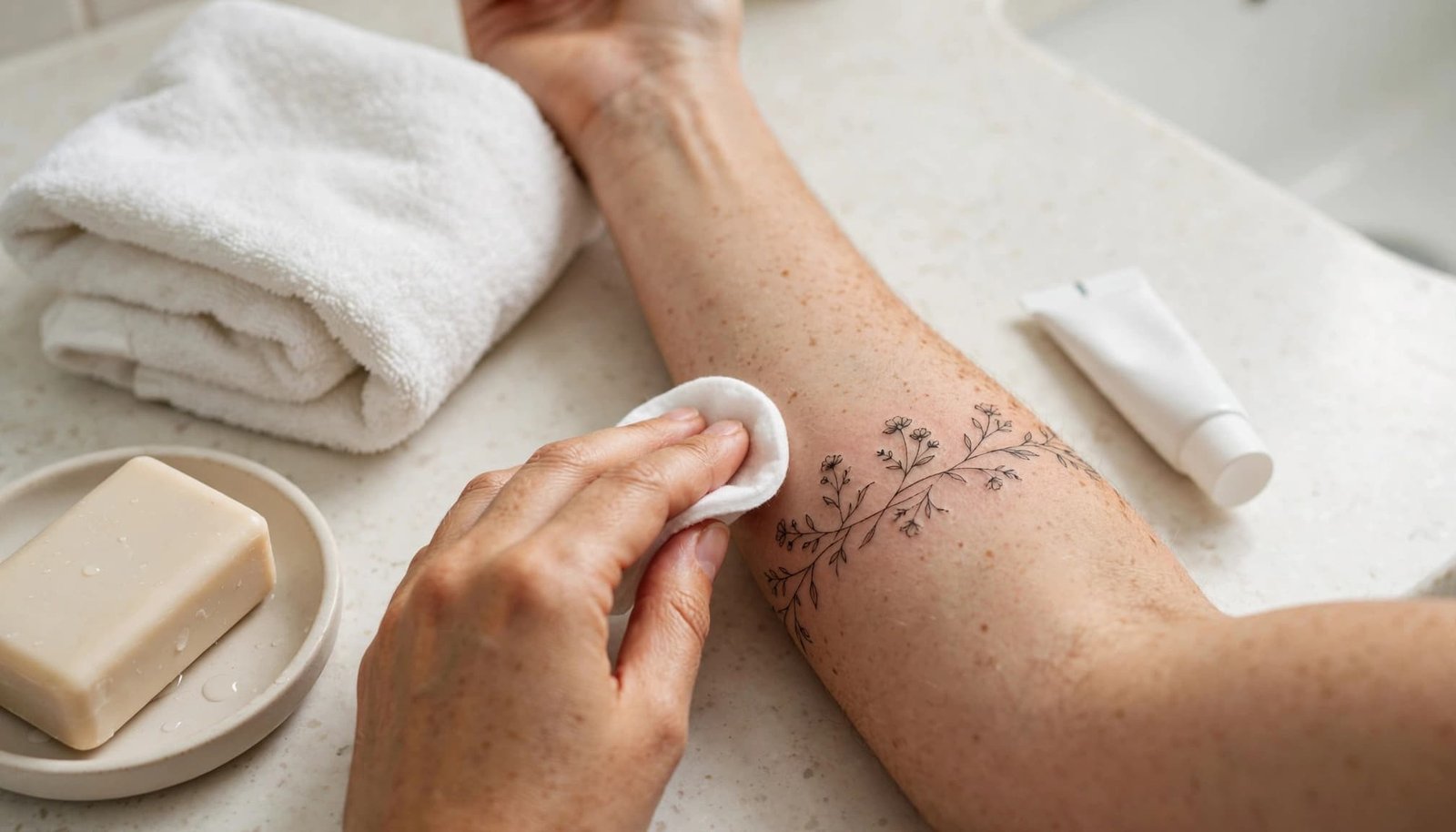 Healed fine-line forearm tattoo beside soap, a towel, and moisturizer on a clean bathroom counter.