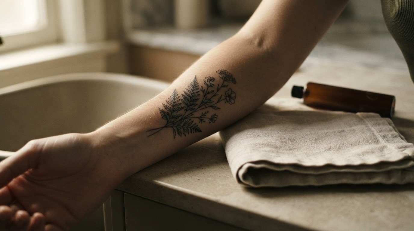 A delicate forearm tattoo beside a folded towel and moisturizer on a bathroom counter.