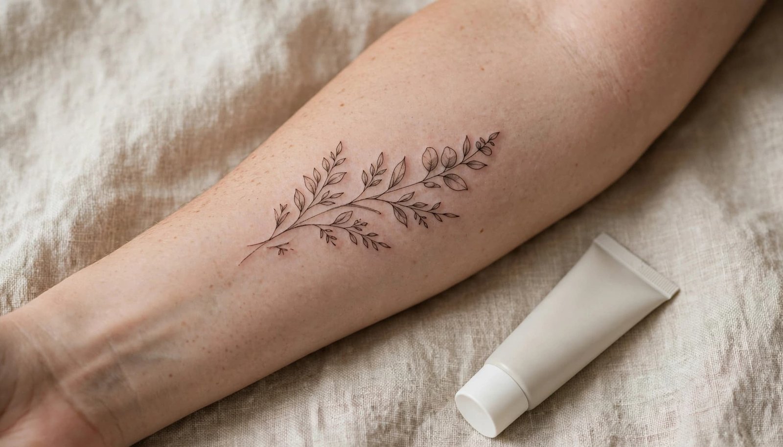 Healed botanical tattoo on a forearm beside fragrance-free moisturizer in soft natural light.