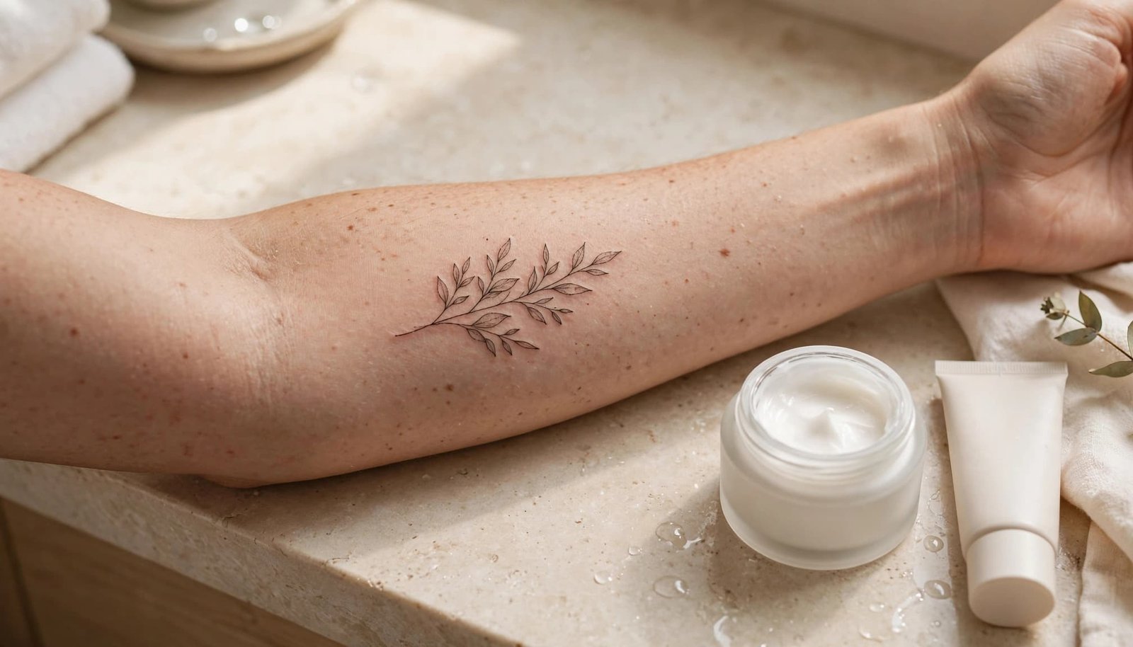 A botanical tattooed forearm beside moisturizer and sunscreen on a bright bathroom counter.