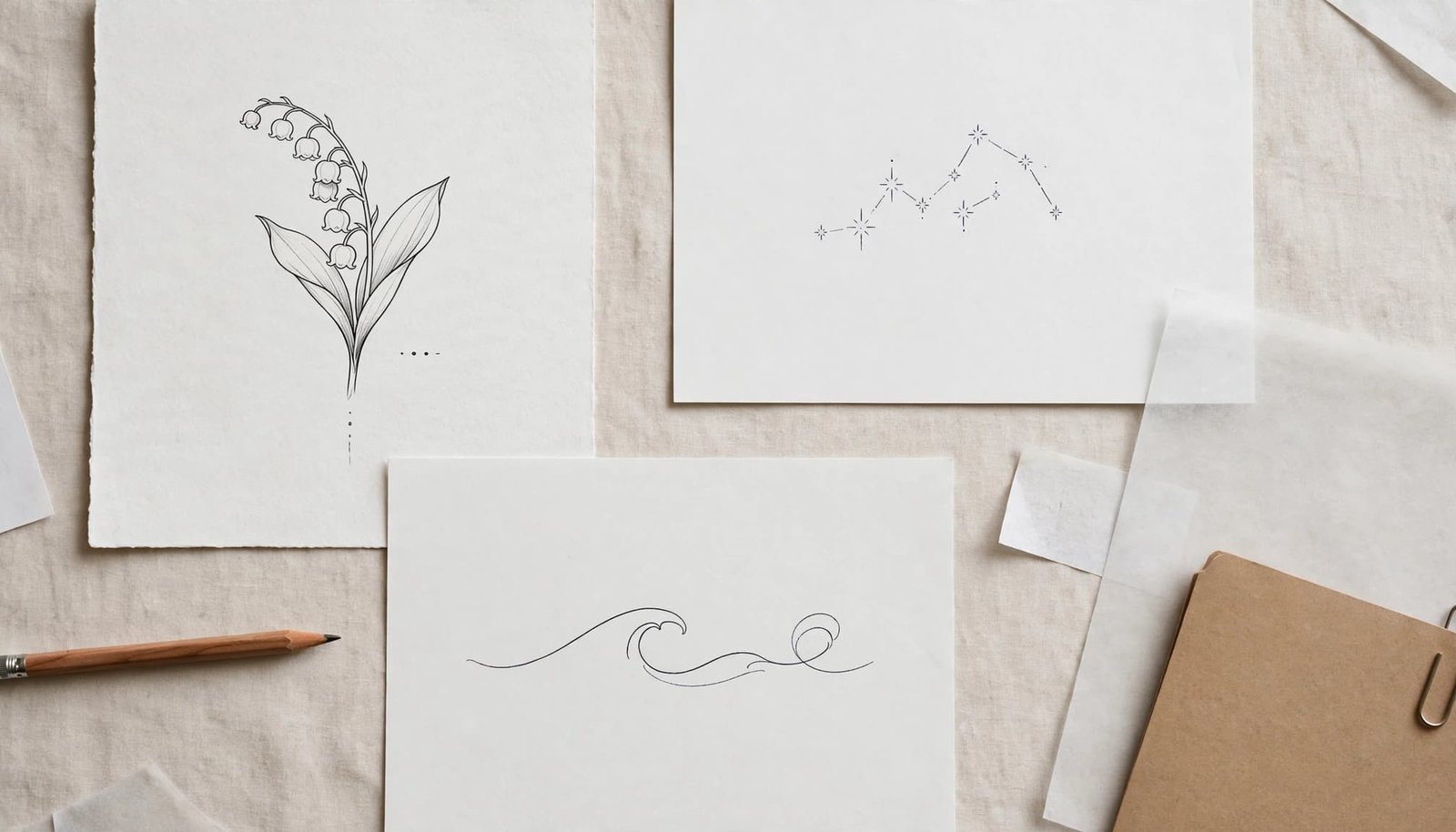 Three delicate tattoo sketches are arranged on white paper beside a pencil and reference folder.
