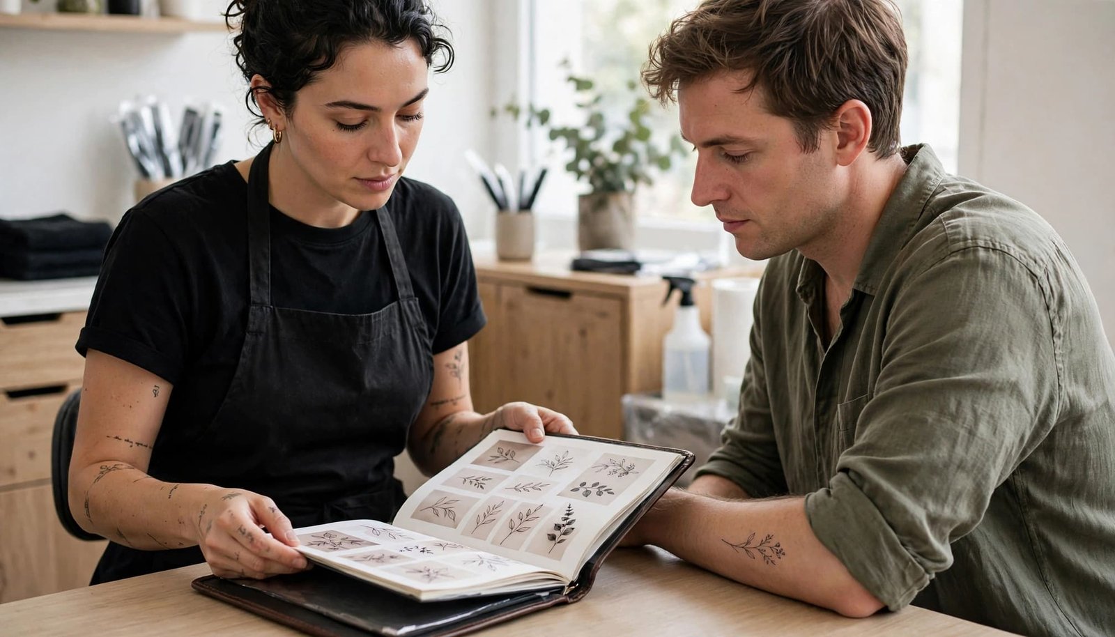 Tattoo artist reviewing a portfolio with a client showing a botanical forearm tattoo.