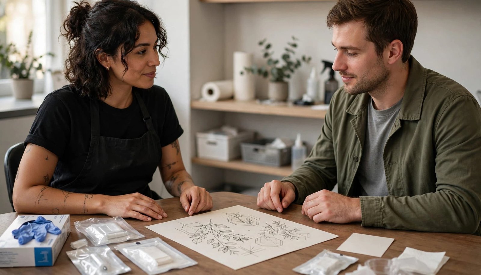 Tattoo artist and client review a fine-line design beside sterile supplies.