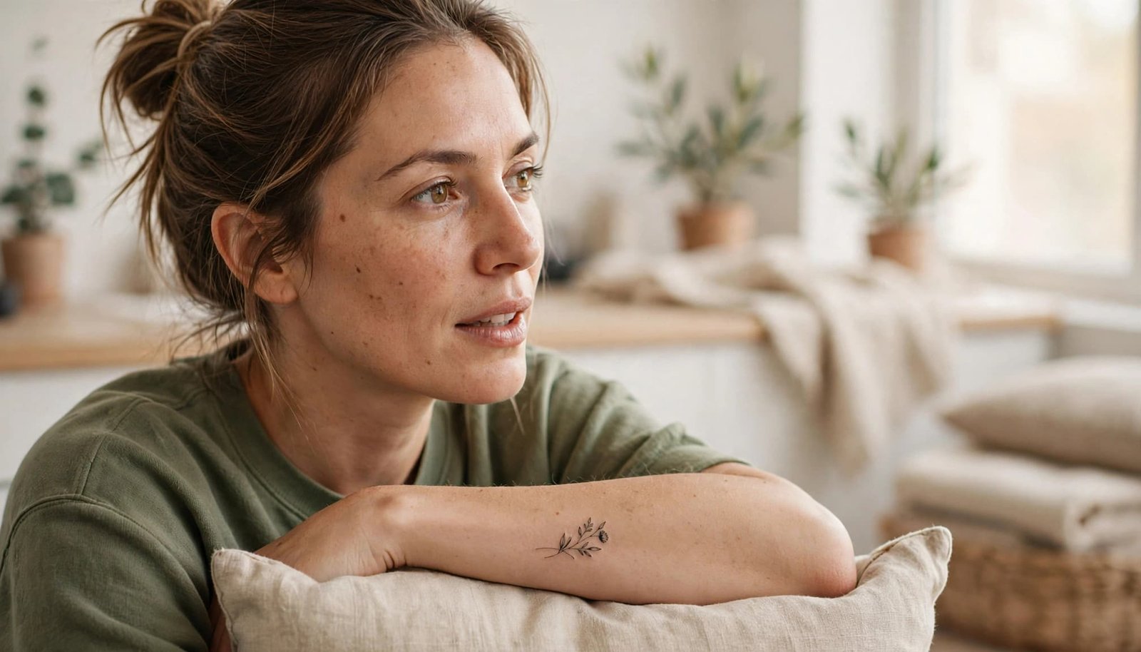 Woman discussing a delicate botanical tattoo with an artist in a bright studio.
