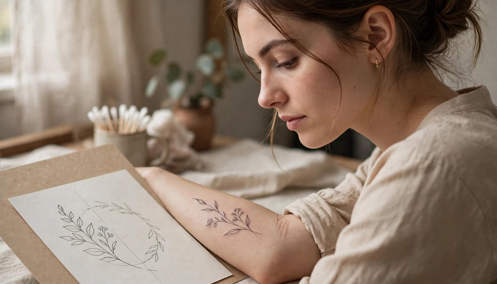 Woman comparing a fine line tattoo sketch with a healed forearm tattoo.