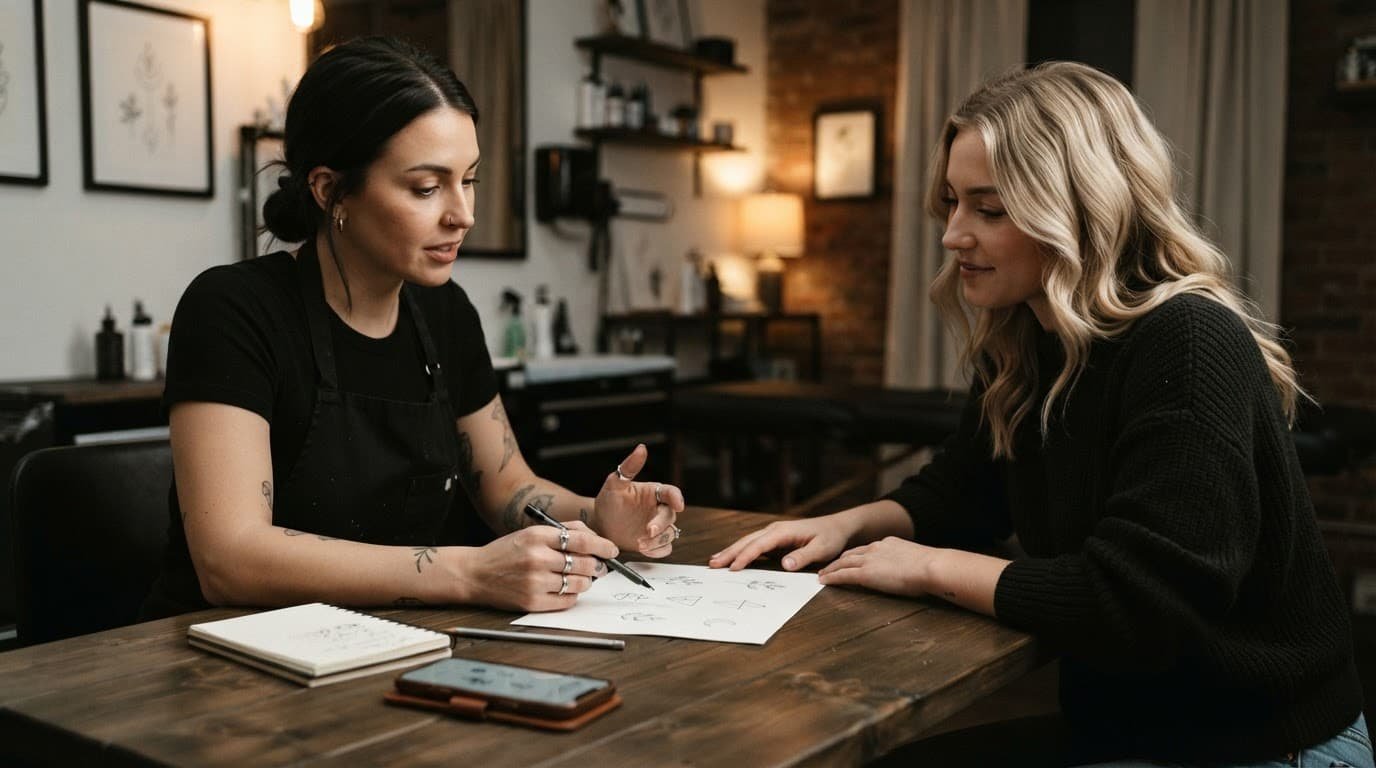 Tattoo artist and client discussing fine-line sketches at a studio table.