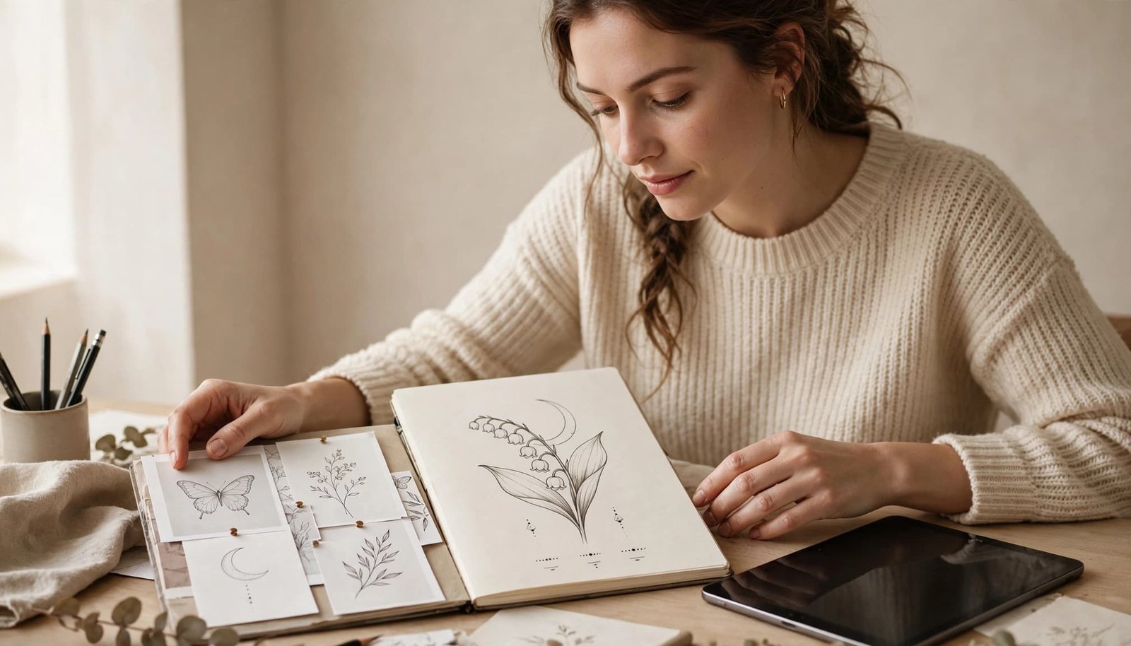 Woman reviewing fine line tattoo references and a custom floral moon design.