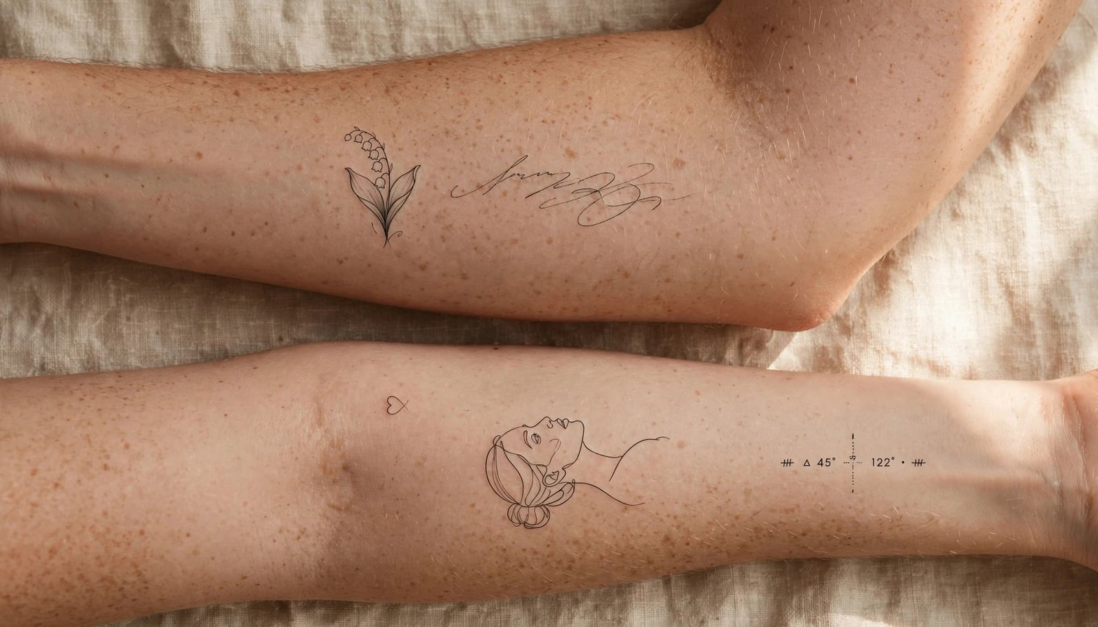 One person's arms showing delicate flower, heart, coordinate, script, and portrait tattoos.