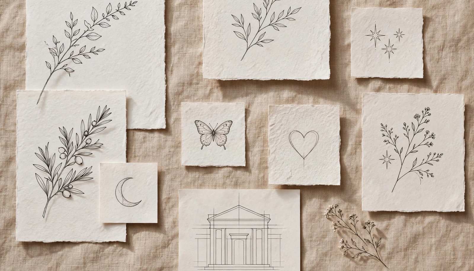 Fine line tattoo sketches featuring botanicals, a moon, butterfly, heart, and stars.