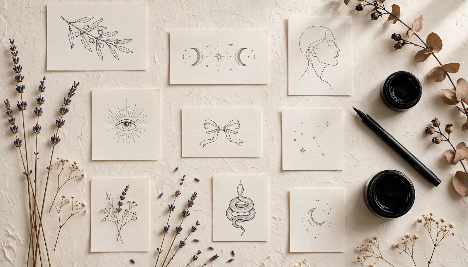 Fine-line tattoo sketches arranged on cream paper beside dried stems and ink tools.