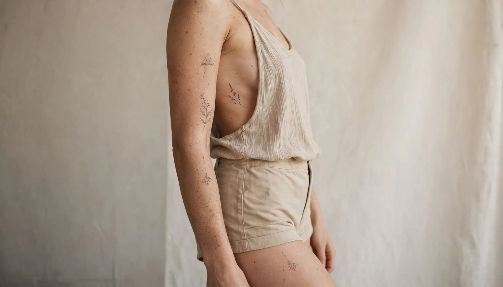 Person showing minimalist tattoos on the arm, shoulder, ribs, and upper thigh.