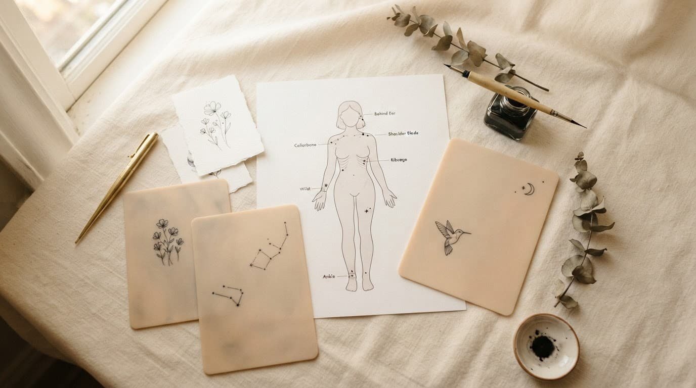 Fine line tattoo placement sketches on anatomical and neutral practice sheets.