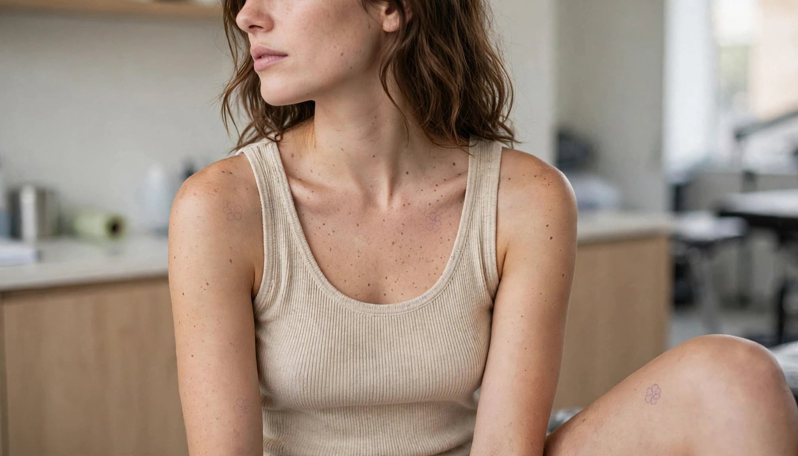 Woman showing subtle flower tattoo placement guides on her arm, collarbone, back, and thigh.