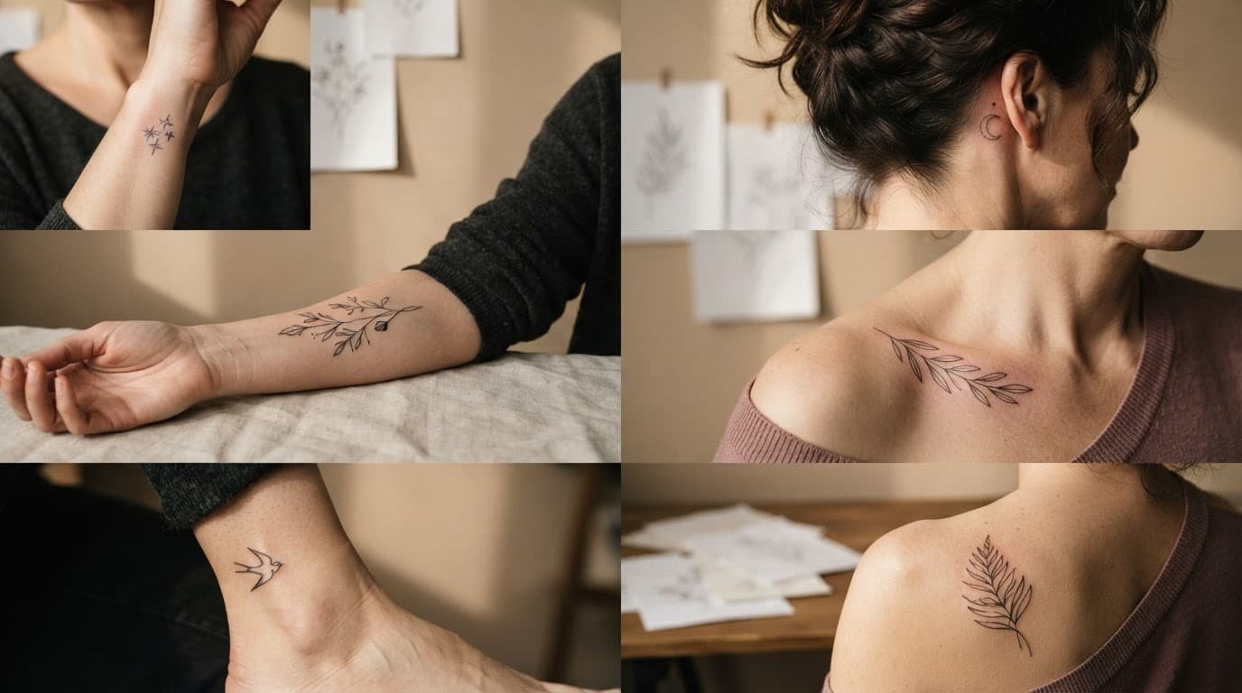 A woman displays delicate tattoo placement ideas across several body areas.